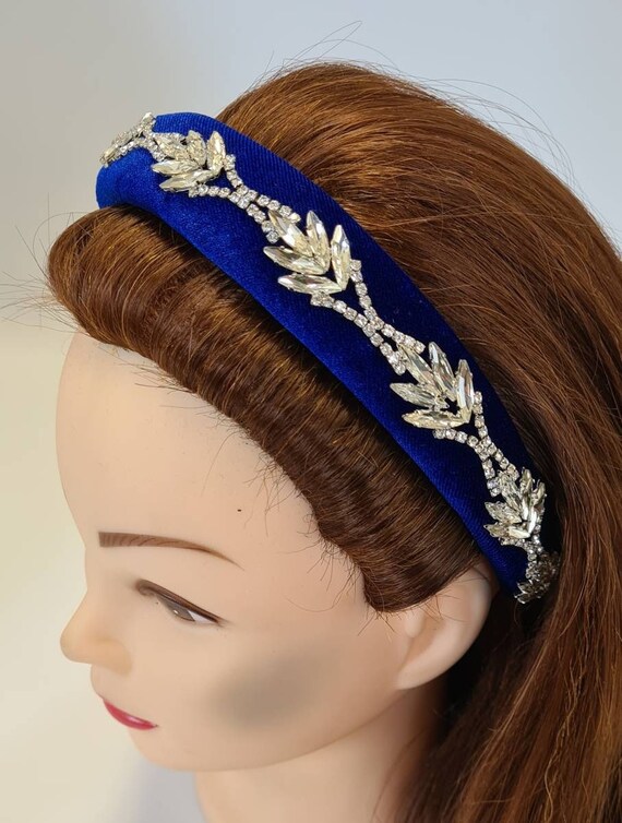 Royal Blue Velvet Crystal Rhinestone Gemstone Embellished  display picture 1