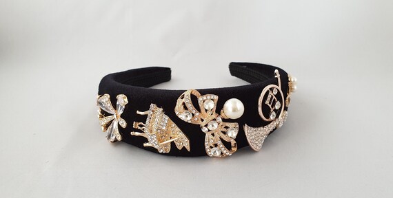 Black Velvet Headband with Gold and Pearl Detail Velvet Pearl Headband Gold Velvet Pearl Knotted Headband  main image 3