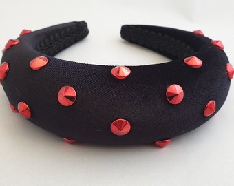 Black deeply padded puffy velvet headband red spike stud embellishment womens matador hairband baroque style wide crown fascinator head band