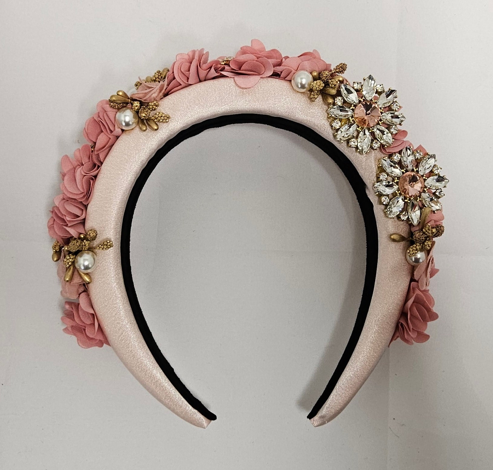 Pink Gold Flower Padded Headband Crystal Pearl Embellished  display picture 3