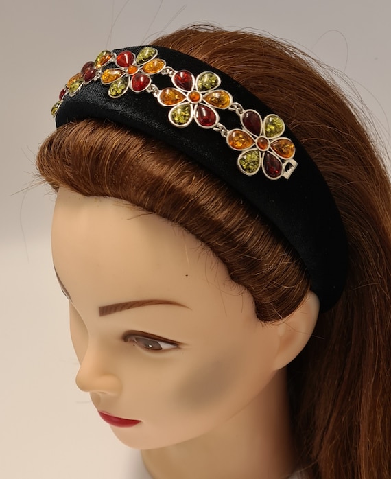 Embellished Black Headband with Multicolor Gems Velvet Jeweled Headband, Thin Gem Embellished Headband - Etsy main image 3