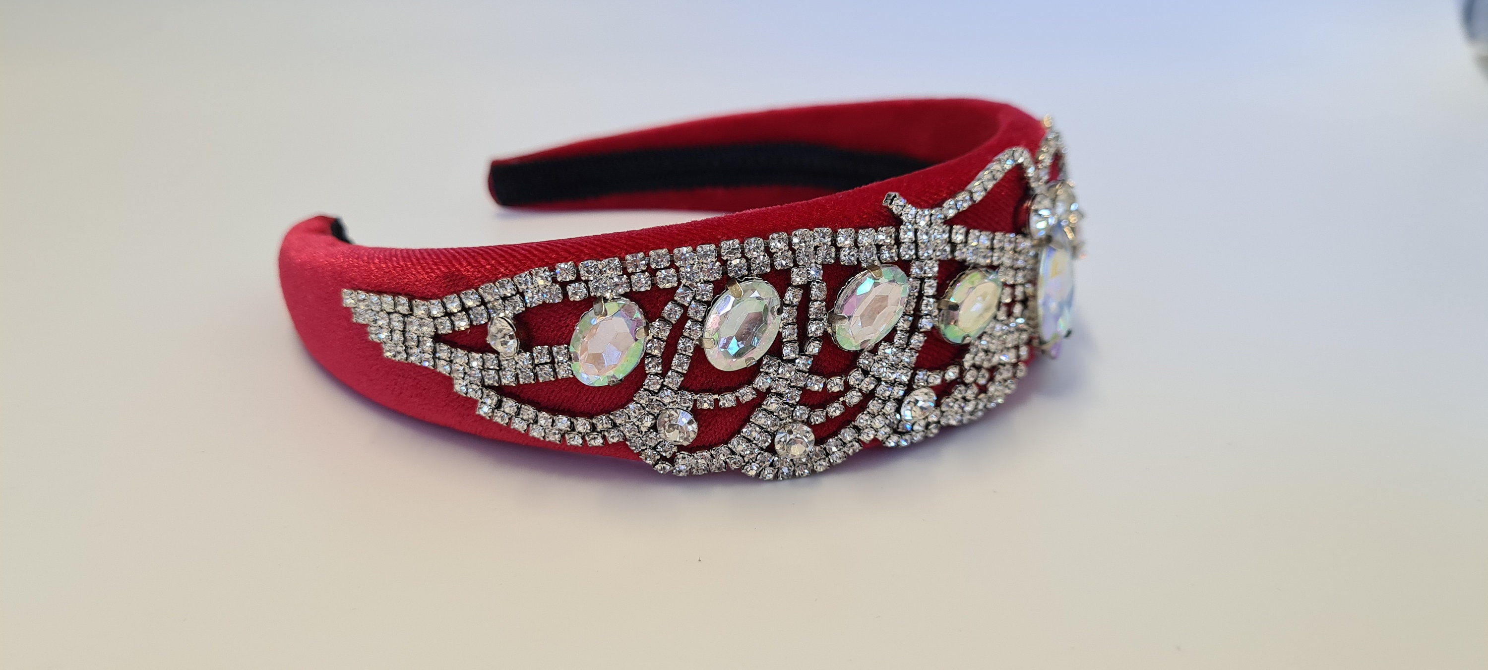 Red Padded Velvet Headband Glass Ab Crystal Rhinestone  display picture 3