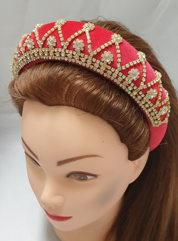 Dark Red Padded Puffy Headband Crystal Rhinestone Diamante  display picture 1