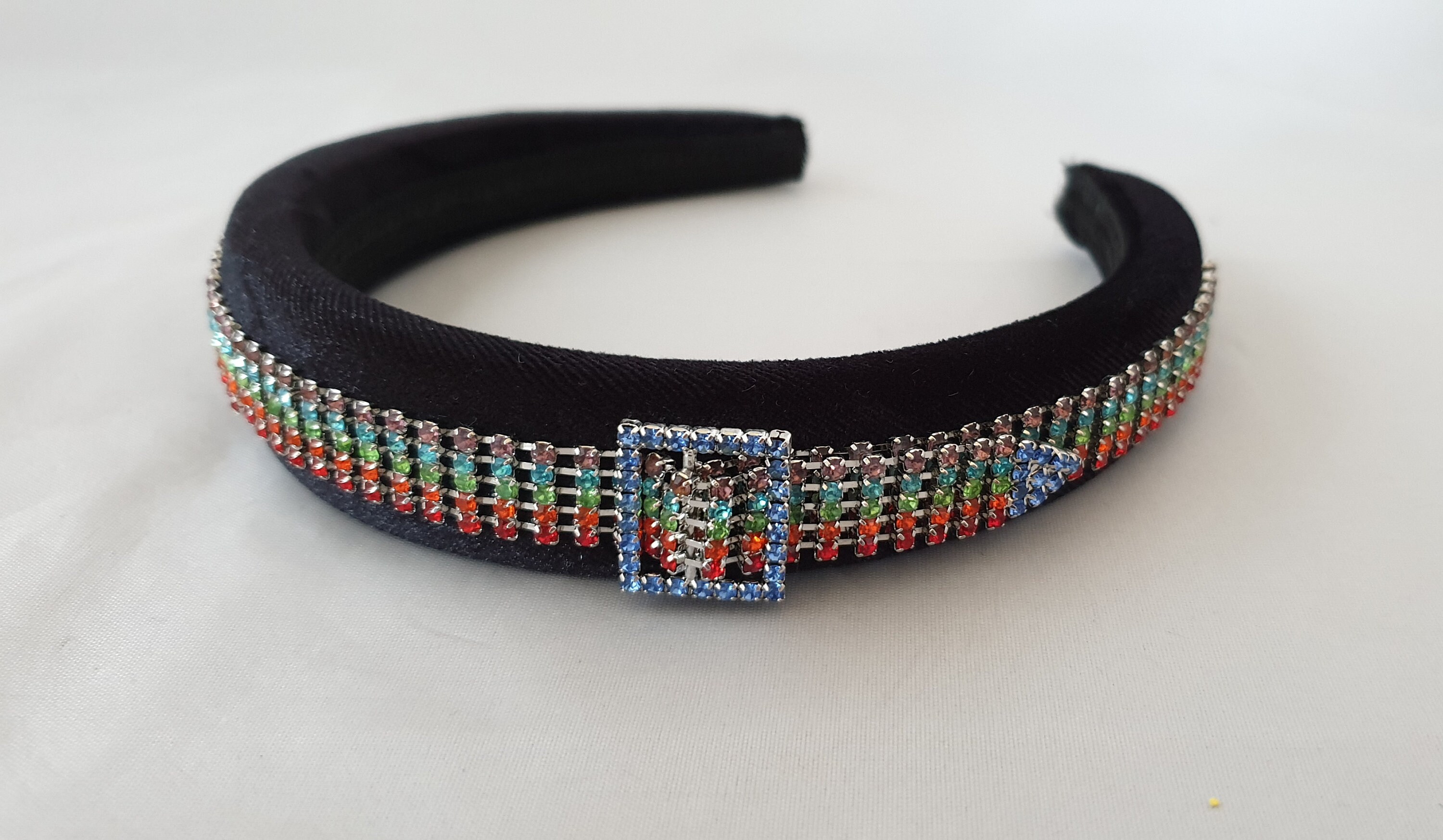 Black Padded Velvet Headband Colored Crystal Rhinestone 