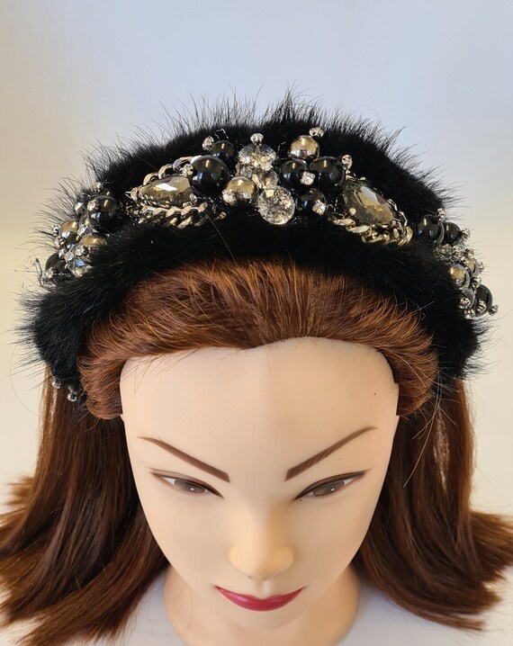 Embellished Faux Fur Headband Crystal Diamante Rhinestone  display picture 1