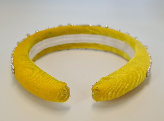 Yellow Velvet Headband Silver Crystal Diamante Rhinestone  display picture 3