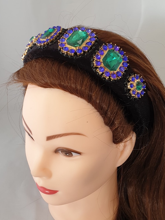 Black Padded Velvet Headband Emerald Green Glass / Crystal  display picture 2