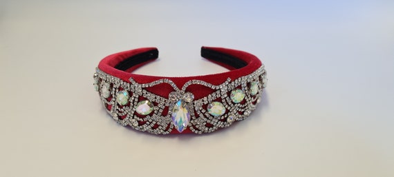 Ruby Red Large Crystal Headband Sither Bridal Crystal Headband | Large Silver Headpiece for  main image 4