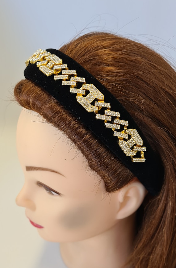 Handmade Crystal  Style Embellished Black Headband Black Padded Velvet Headband Gold Tone Crystal Diamante  main image 3