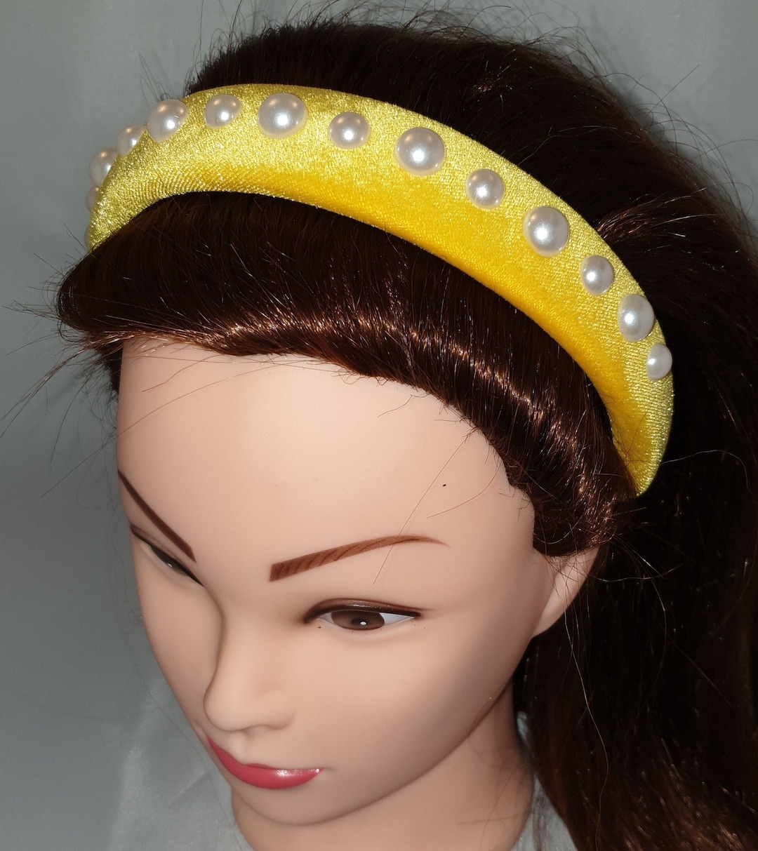 Yellow Padded Velvet Headband Faux Pearl Embellishment  display picture 1