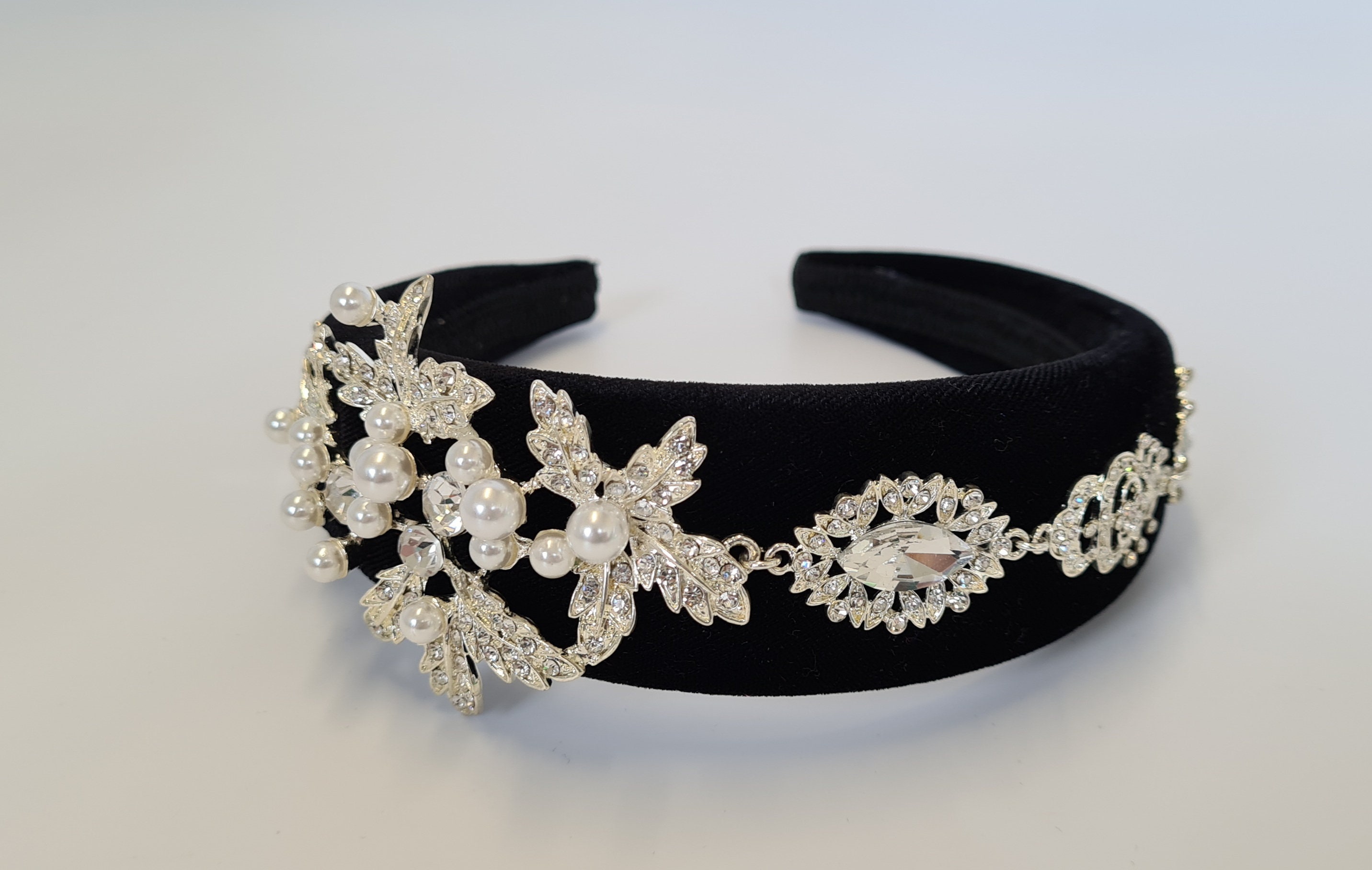 Embellished Black Velvet Headband with Iridescent Floral Crystals Padded Floral Crystal Headband | Rhinestone Embellished  main image 3