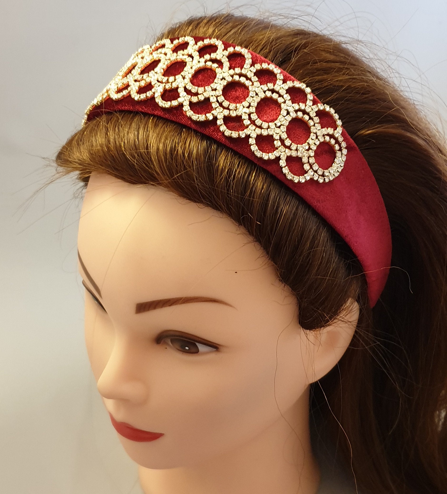Burgundy / Maroon Velvet Headband Crystal Rhinestone  display picture 1