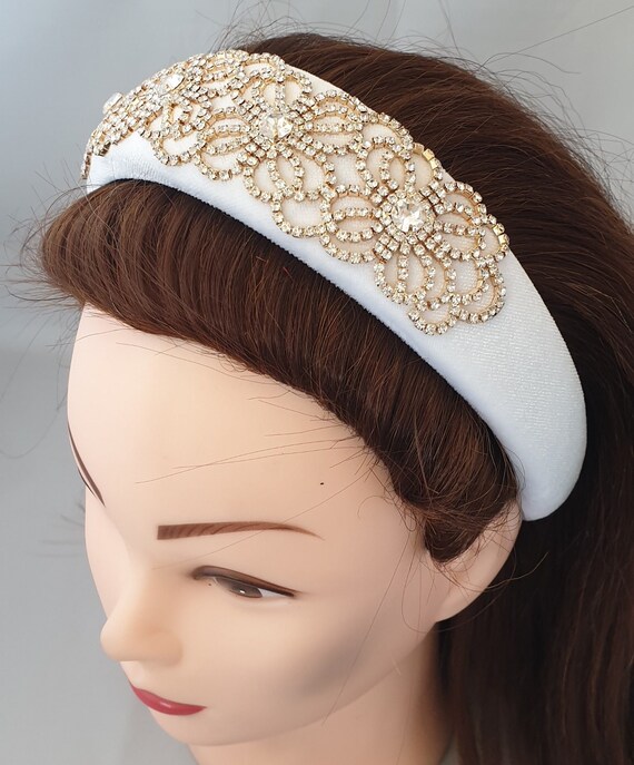 White Padded Velvet Headband Gold Tone Diamante Crystal  display picture 3