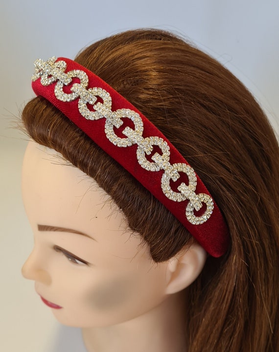 Dark Red Lightly Padded Velvet Headband Crystal Diamante  display picture 1