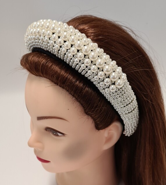 Black Deeply Padded Puffy Velvet Headband White Faux Pearl  display picture 3