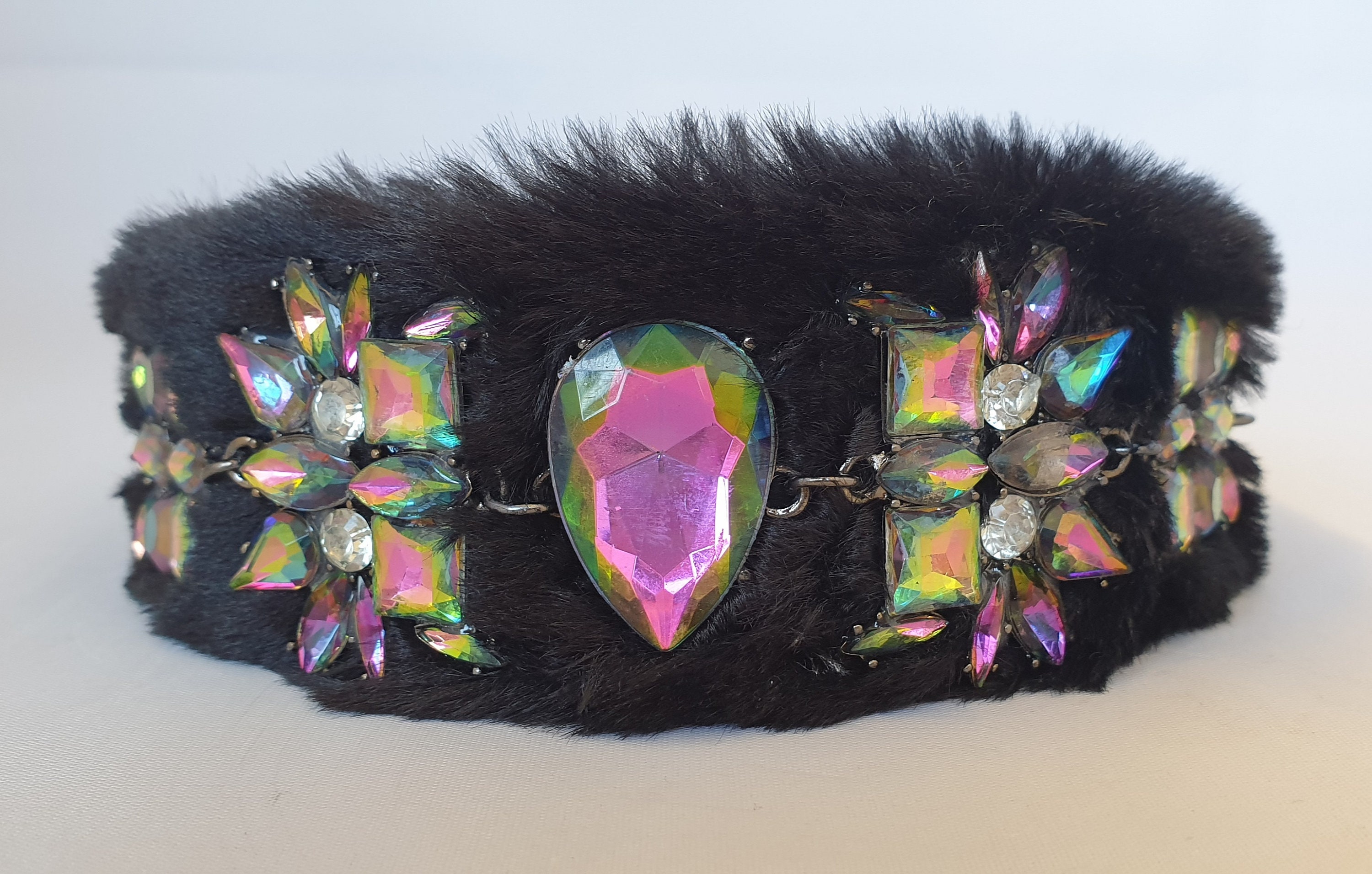 Black Faux Fur Headband Multi-colored Crystal Gemstone 