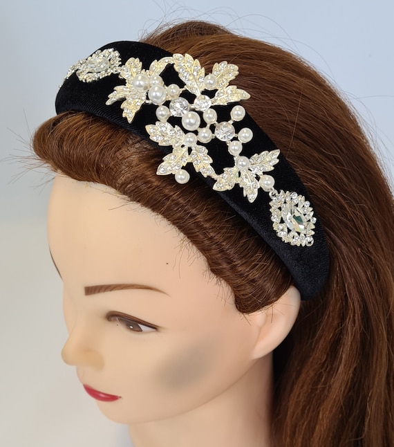 Black Velvet Headband Crystal Diamante Rhinestone Pearl  display picture 3