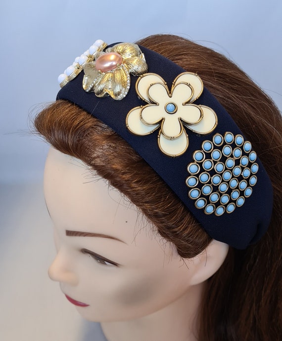 Navy Headband Blue Gold White Large Flower Embellishment Women s Chunky Hairband Baroque Style Tiara Crown Headdress Headpiece Extra Wide Etsy UK