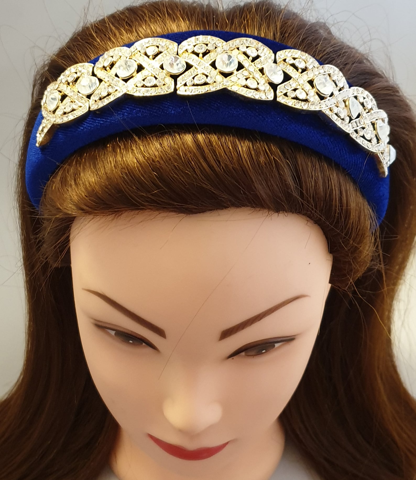 Royal blue padded velvet headband gold tone crystal diamante | Etsy