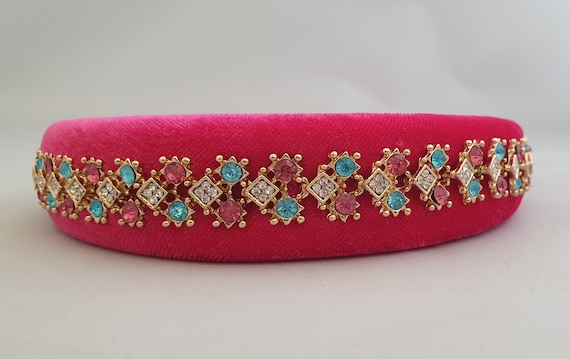 Pink Padded Velvet Headband Diamante Crystal Rhinestone  display picture 3