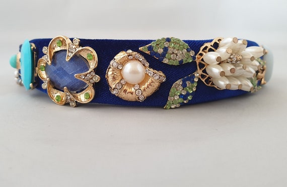 blue floral headband with gemstone accents, elegant floral branch hair band sparkling floral - Temu  main image 2
