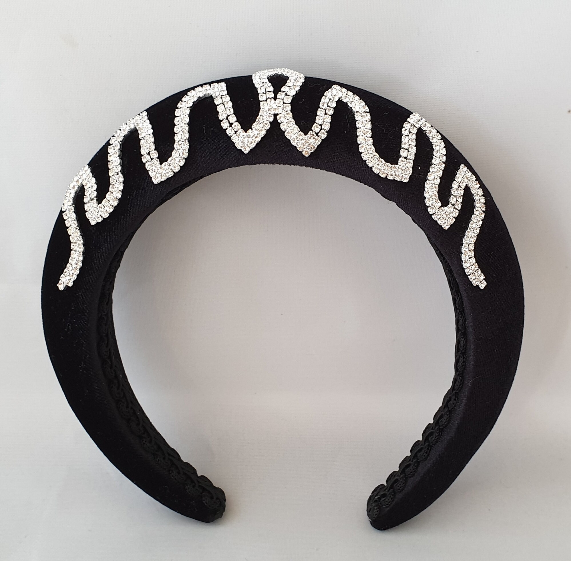 Black Velvet Deep Padded Puffy Headband Silver Crystal 