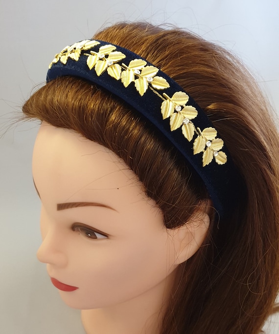 Navy Padded Velvet Headband Gold Leaf Crystal Rhinestone  display picture 2