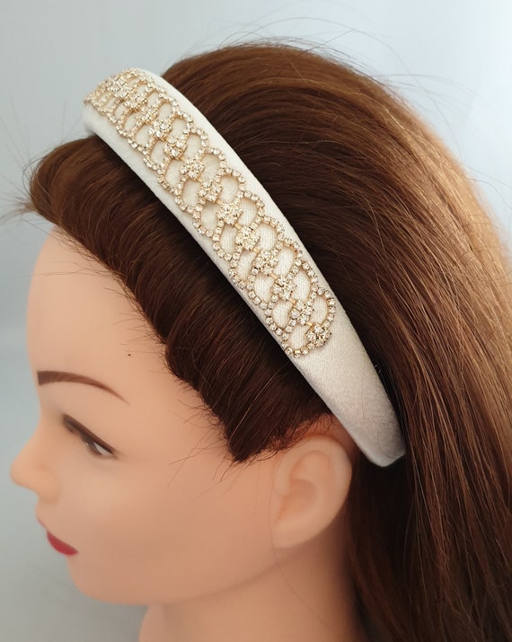 White Velvet Crystal Diamante Embellished Headband Gold Tone  display picture 1
