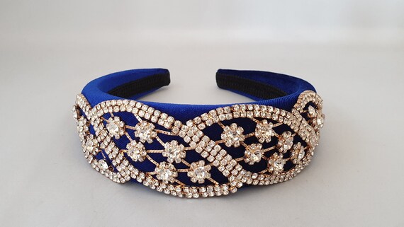 Royal Blue Padded Velvet Headband Crystal Diamante  display picture 1