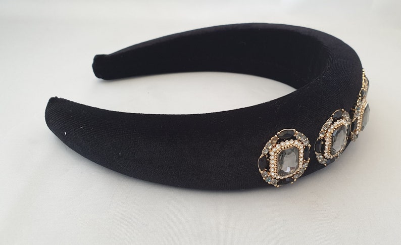 Black velvet headband crystal gemstone rhinestone | Etsy