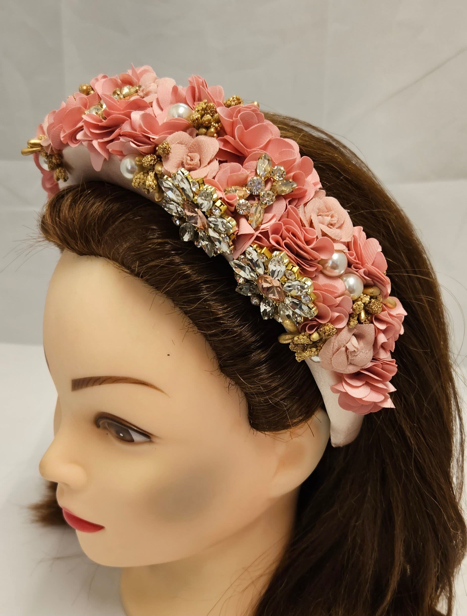 Pink Gold Flower Padded Headband Crystal Pearl Embellished 