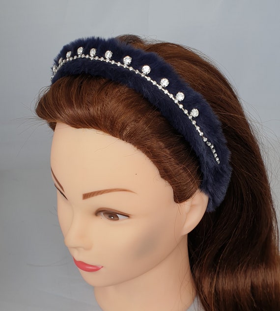 Navy Blue Faux Fur Headband Crystal Diamante Rhinestone  display picture 3