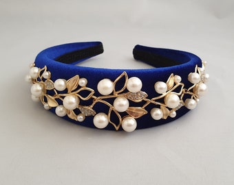 Royal Blue Pearl Crystal Padded Headband Knotted Luxe Statement Hair 619FMh6CK6L._AC_UF350,  main image 4