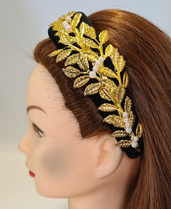 Black Padded Velvet Headband Gold Metal & Faux Pearl Leaf  display picture 3