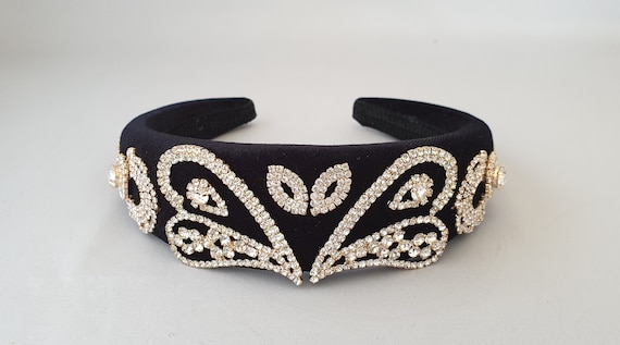 Black Padded Velvet Headband Gold Tone Crystal Diamante 