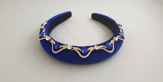 Royal Blue Velvet Gold Tone Scallopecd Arch Crystal Gemstone 