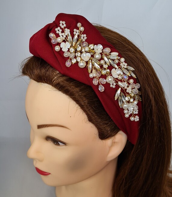 Padded Knot Headband Crystal Gemstone Pearl Beaded Flower  display picture 3