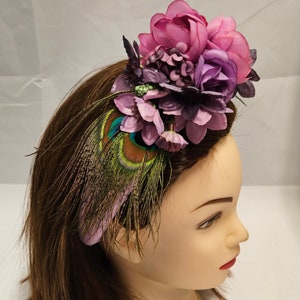 Pale purple lilac headband faux flower leaf peacock feather embellishment women&#39;s hairband crown fascinator tiara wedding guest XL headpiece