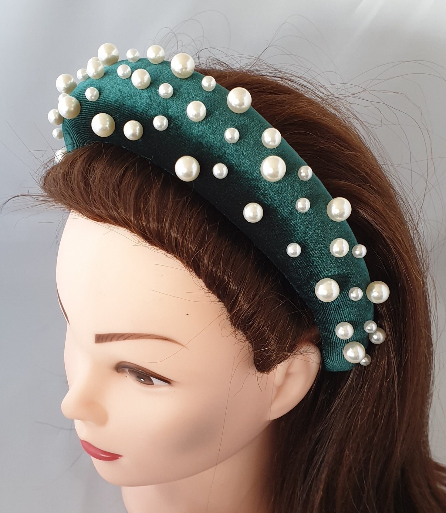 Dark Green Deeply Padded Puffy Velvet Headband Faux Pearl  display picture 2