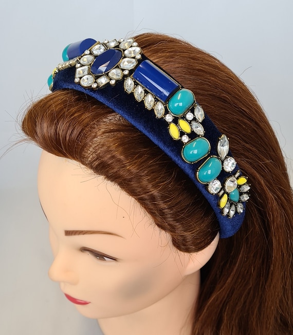 Navy Blue Padded Velvet Headband Gemstone Embellished  display picture 1