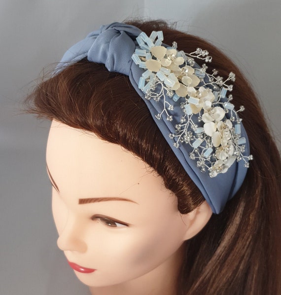 Grey Blue Knot Headband Diamante Crystal Beaded Flower  display picture 2