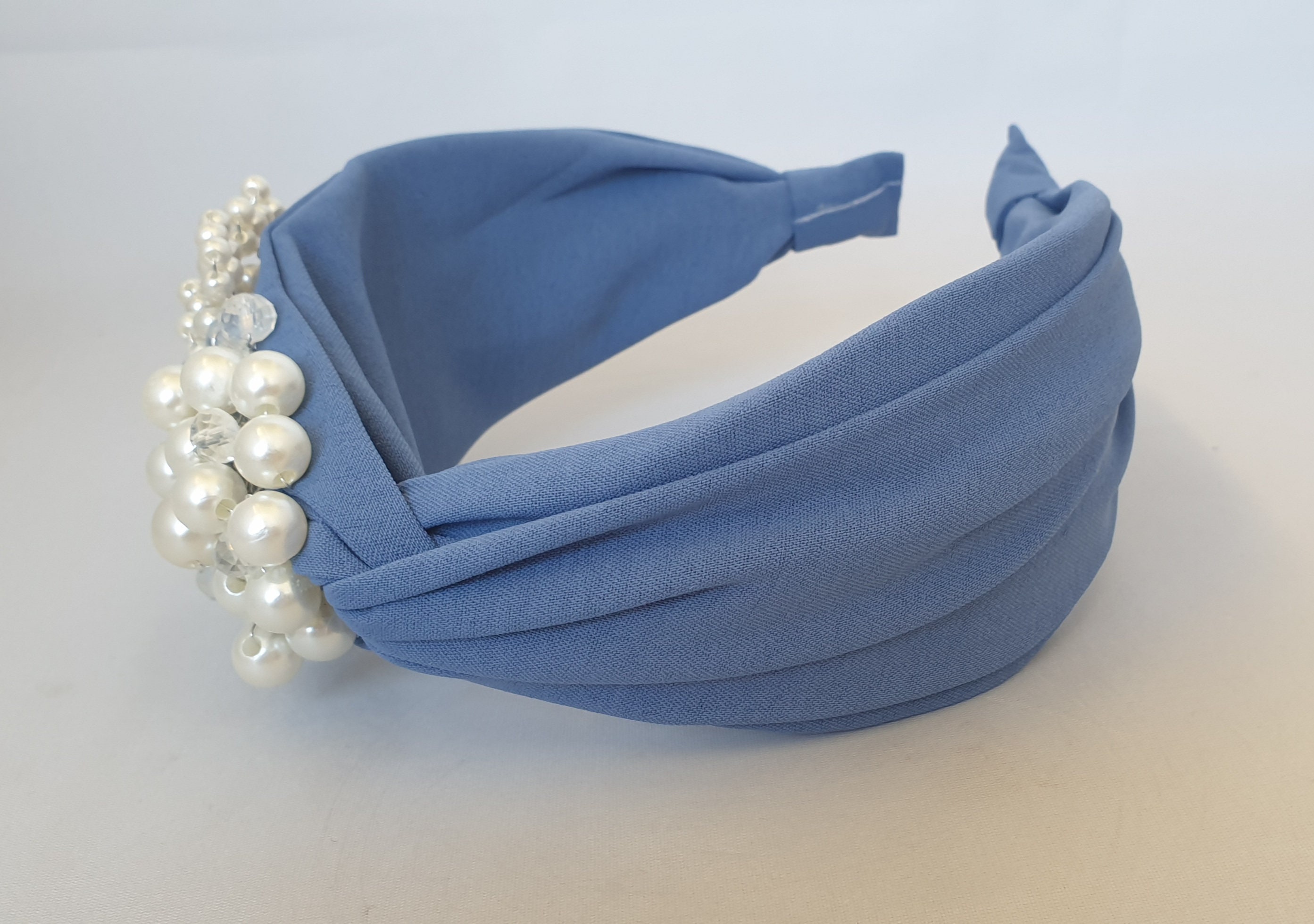 Dusky Blue Fabric Twist Knot Headband Faux Pearl Flower 