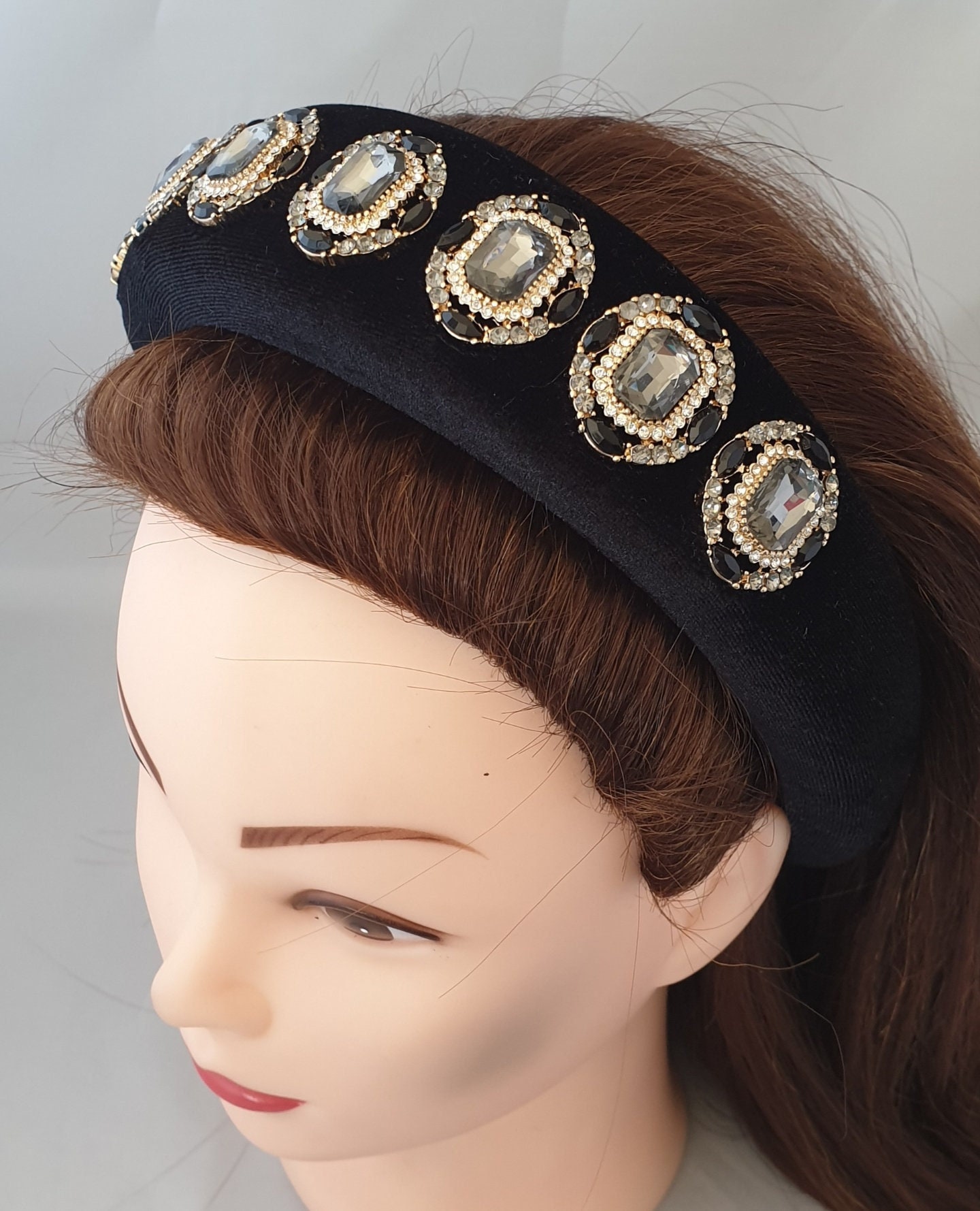 Black Velvet Headband Crystal Gemstone Rhinestone  display picture 2