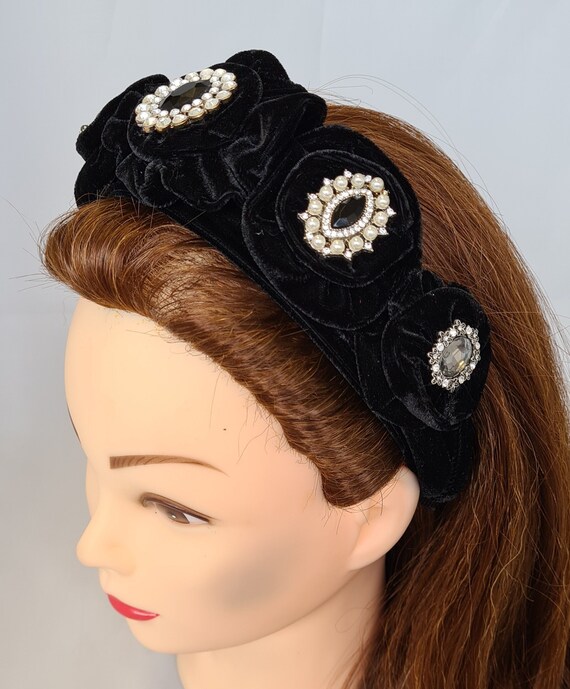 Embellished Black Velvet Headband with Iridescent Floral Crystals Black Velvet Crystal Beaded Embroidered Flower Applique  main image 2