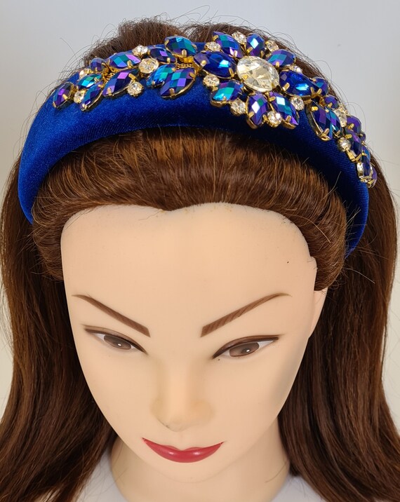 Blue Padded Velvet Headband Glass Shourouk Crystal  display picture 1
