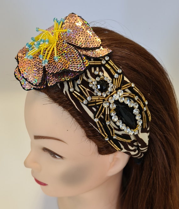 Brown Zebra Print Twist Headband Large Sequin Beaded Flower  display picture 2