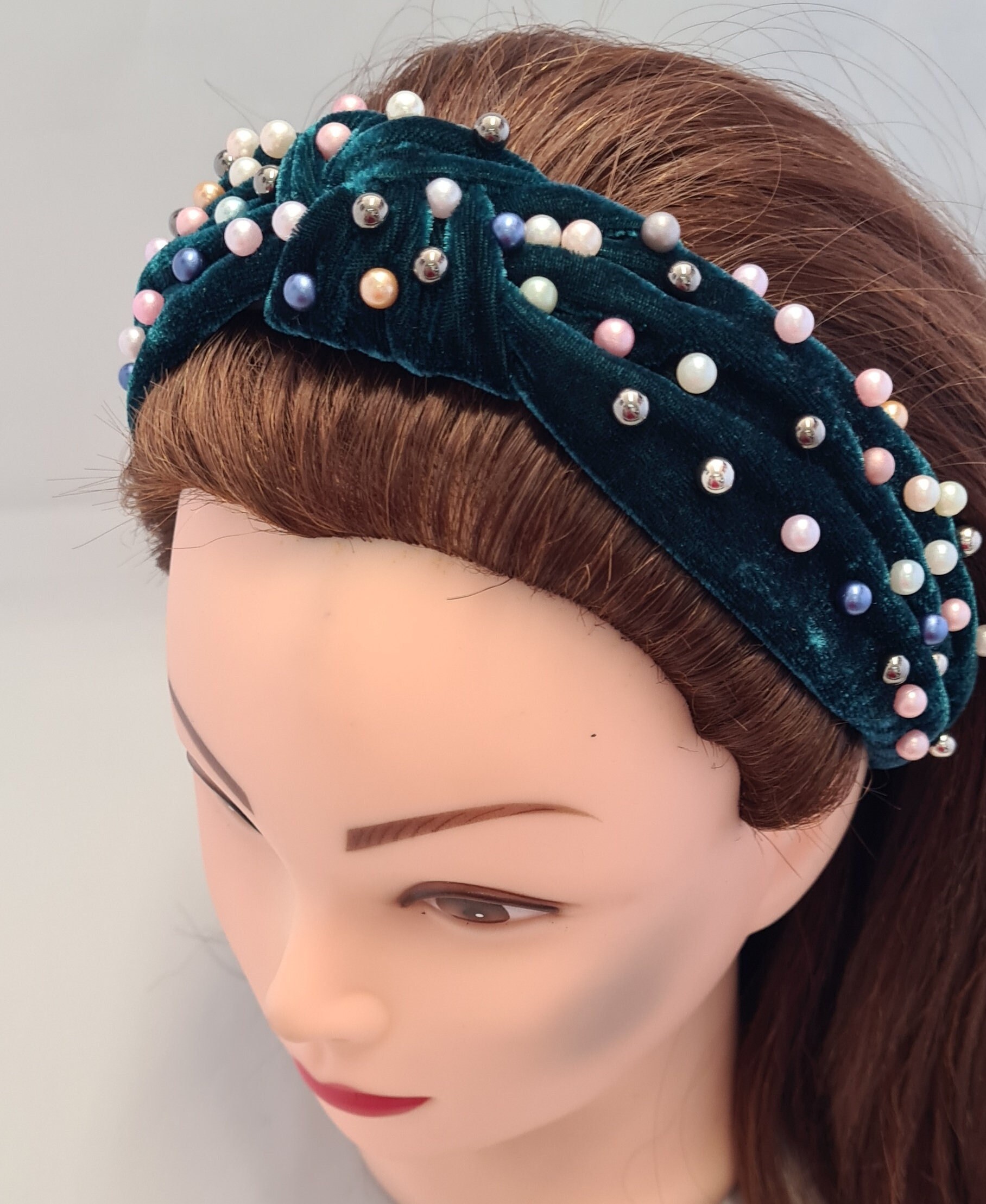 Deep Teal Beaded Knot Velvet Headband Teal Faceted Beads Handmade Knotted Winter Velvet Knotted Headband – teachcreateexplore main image 2