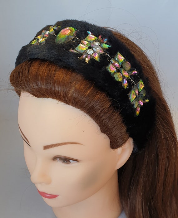 Black Faux Fur Headband Multi-colored Crystal Gemstone  display picture 2