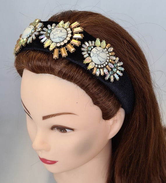Embellished Black Velvet Headband with Iridescent Floral Crystals Black Velvet Crystal Beaded Embroidered Flower Applique  main image 4