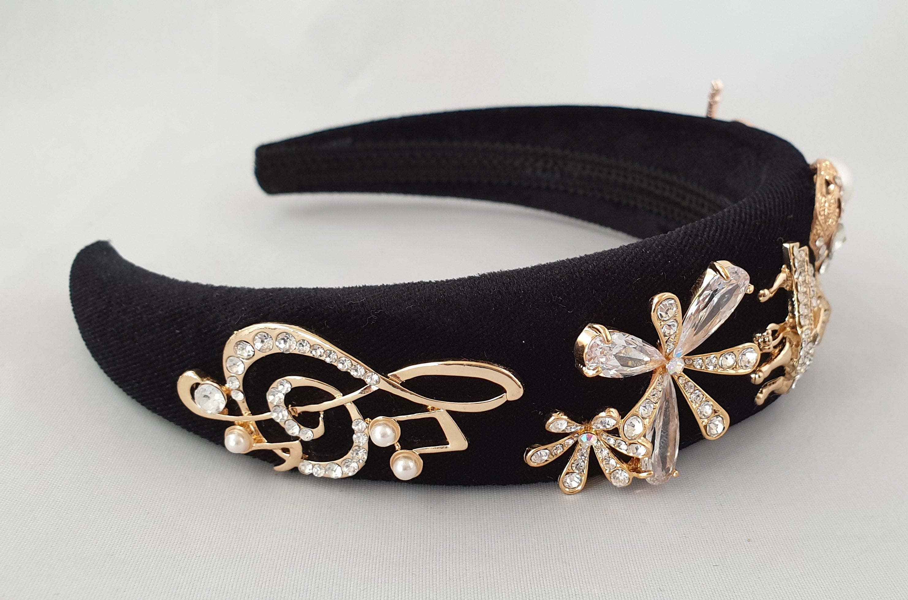 Black Velvet Headband with Gold and Pearl Detail Amazon.com : TERSE Black Velvet Headband with White Pearl  main image 4